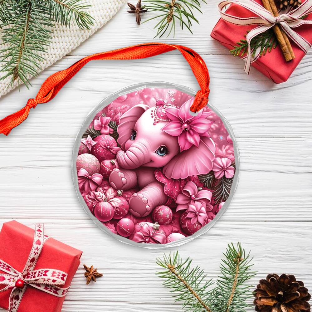 Elephant Pink Christmas Design 1 Glass Ornament