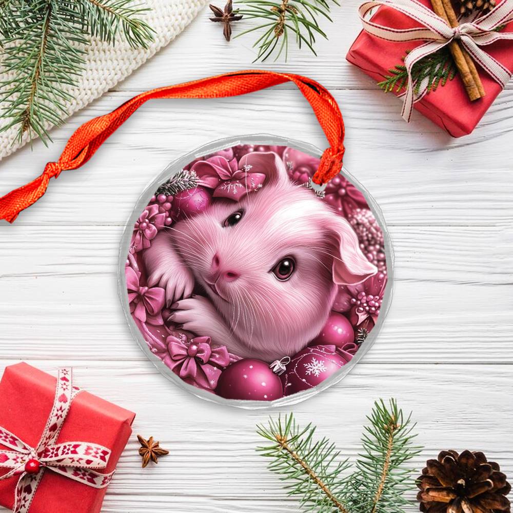 Guinea Pig Pink Christmas Design 1 Glass Ornament