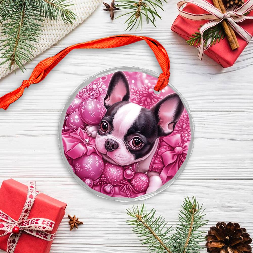 Boston Terrier Dog Pink Christmas Design 3 Glass Ornament