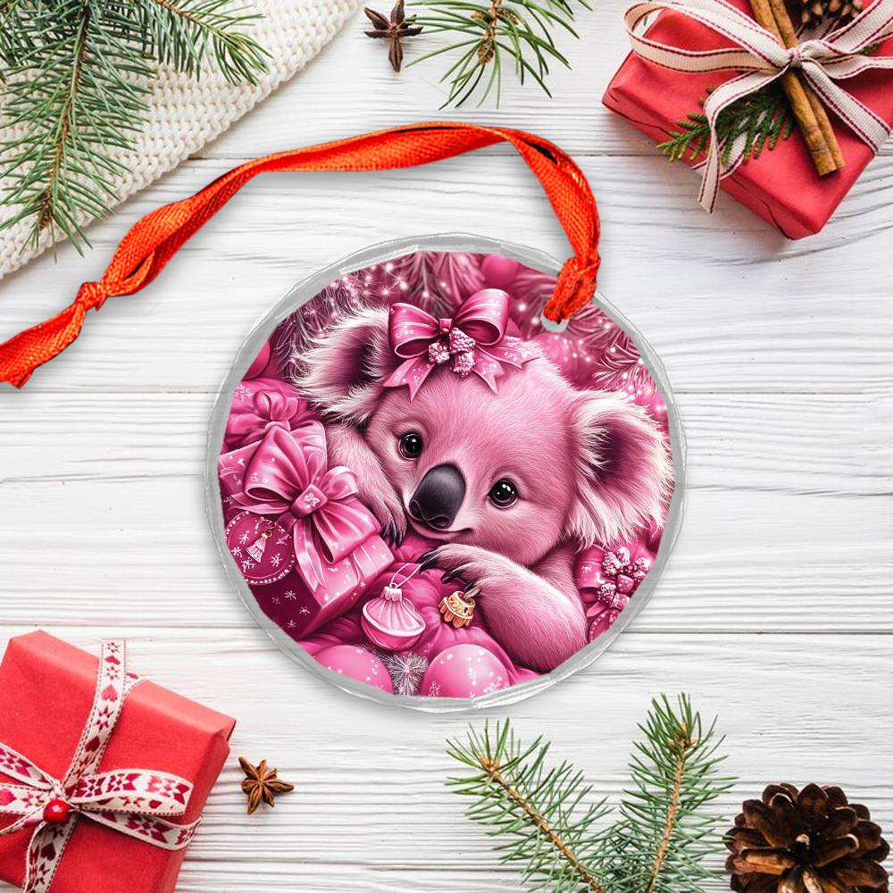 Koala Pink Christmas Design 1 Glass Ornament