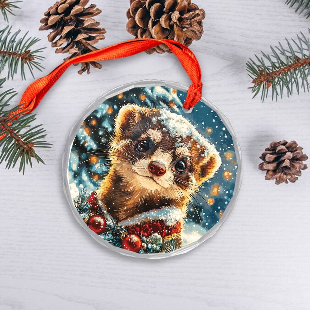 Beautiful Ferret Christmas Night Design 1 Glass Ornament