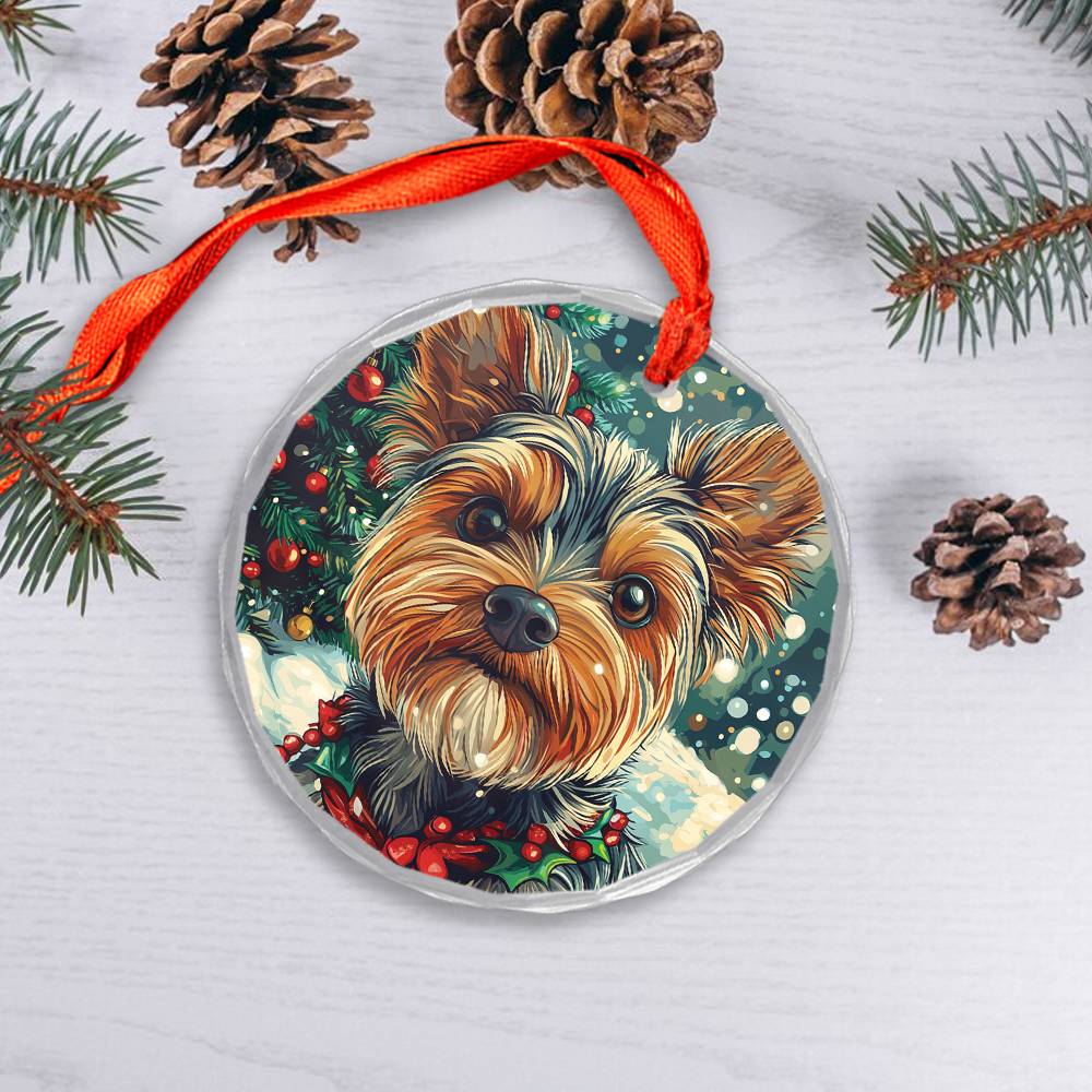 Beautiful Angus Yorkshire Terrier Dog Christmas Night Design 4 Glass Ornament