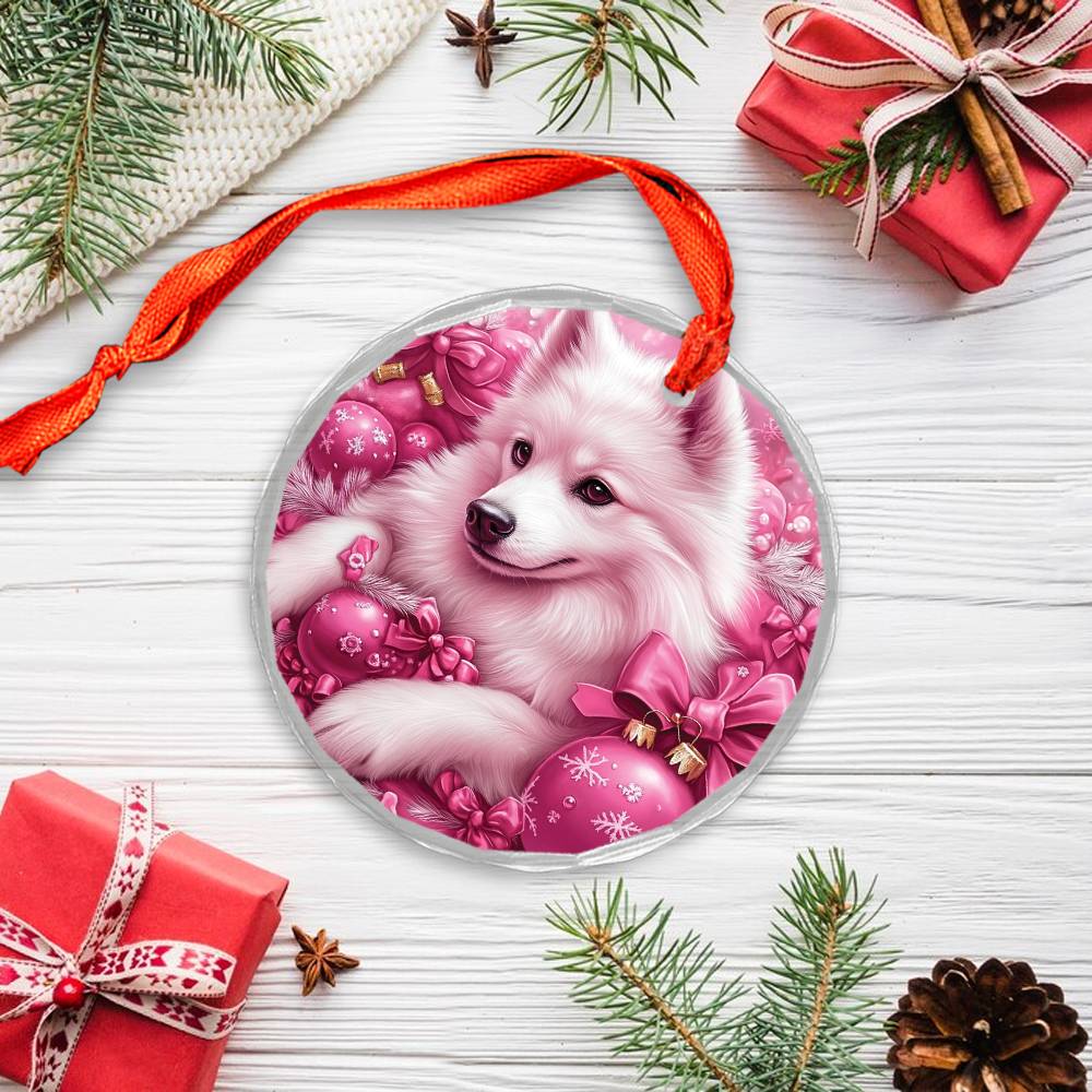 Samoyed Dog Pink Christmas Design 2 Glass Ornament