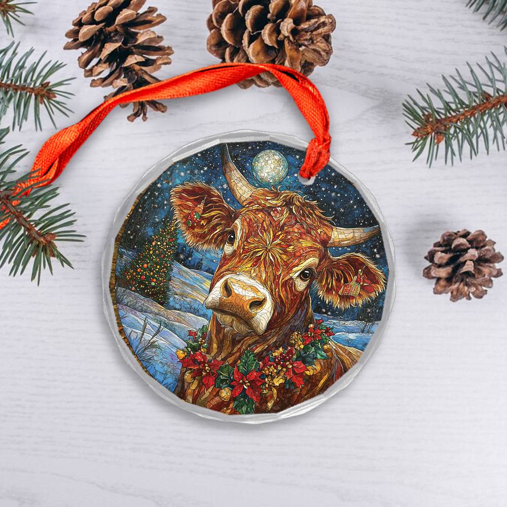 Beautiful Angus Cow Christmas Night Design 3 Glass Ornament