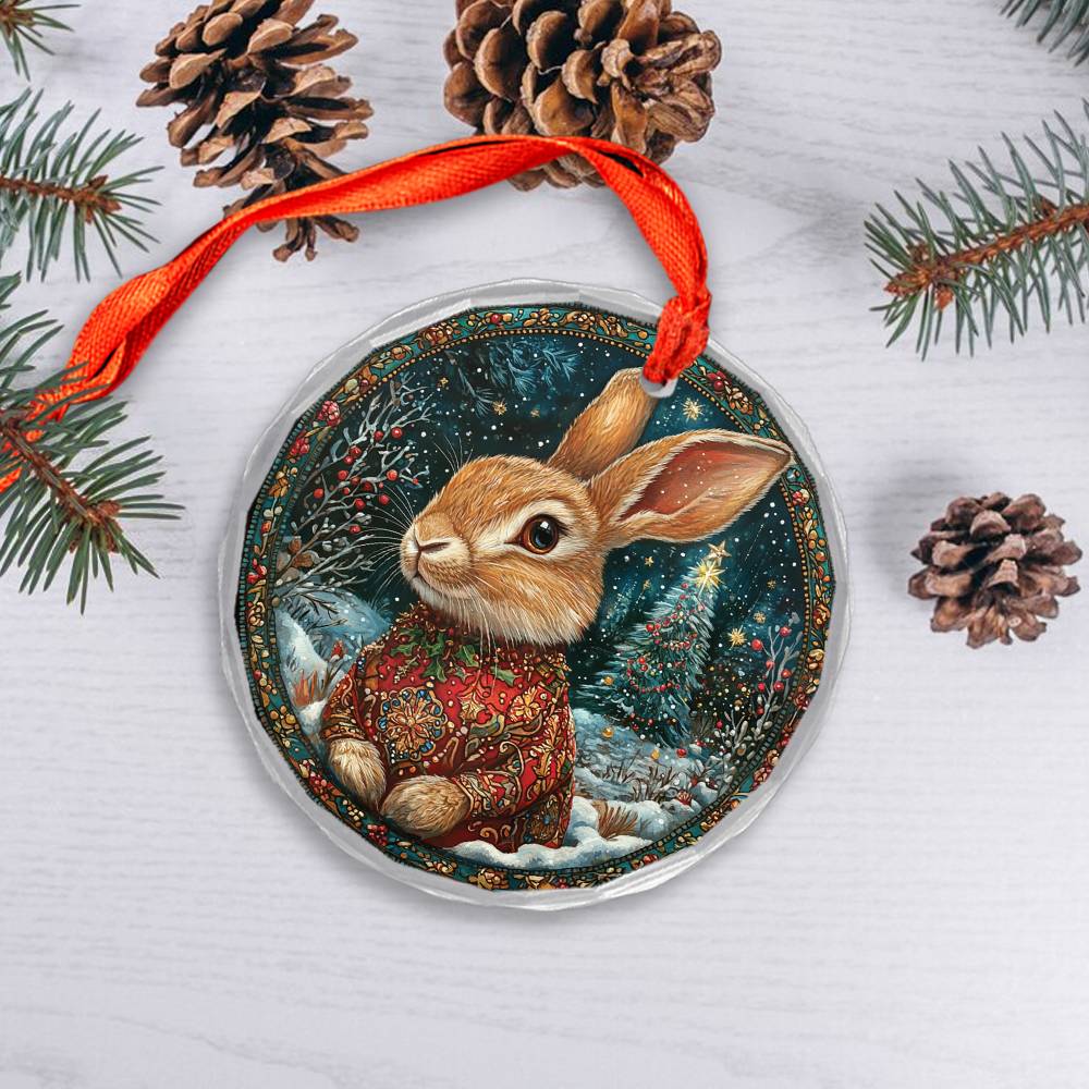 Beautiful Rabbit Christmas Night Design 1 Glass Ornament