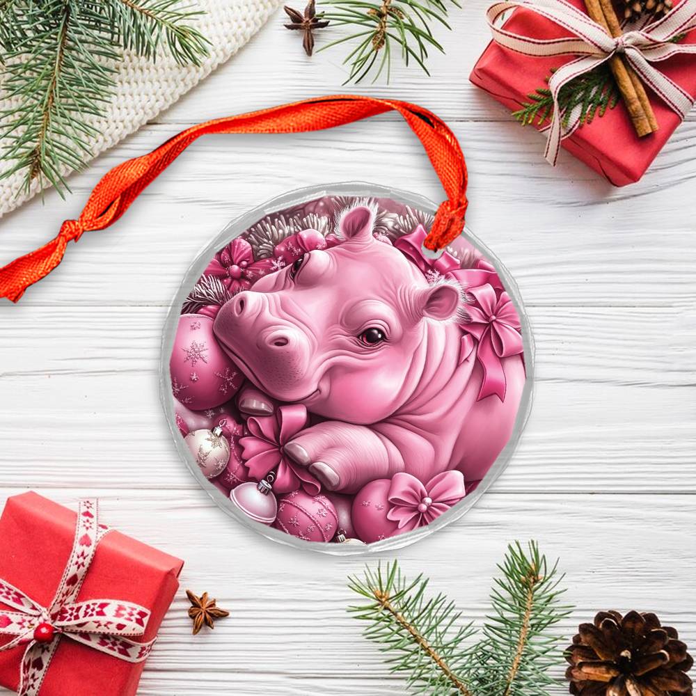 Hippo Pink Christmas Design 1 Glass Ornament