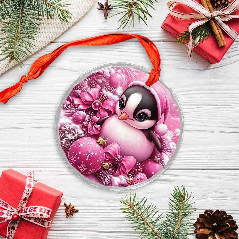 Penguin Pink Christmas Design 1 Glass Ornament
