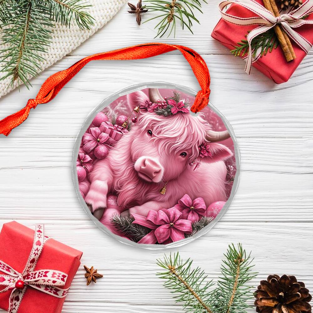 Highland Cow Pink Christmas Design 4 Glass Ornament