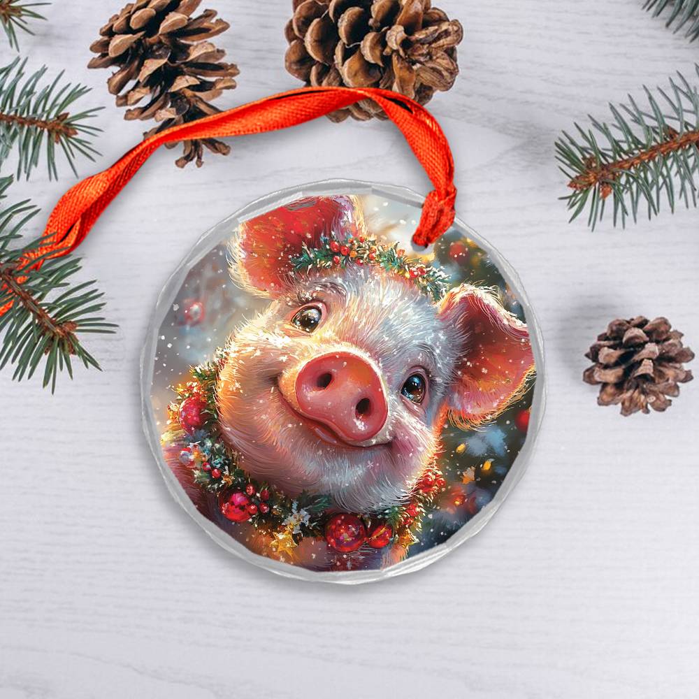 Beautiful Pig Christmas Night Design 3 Glass Ornament