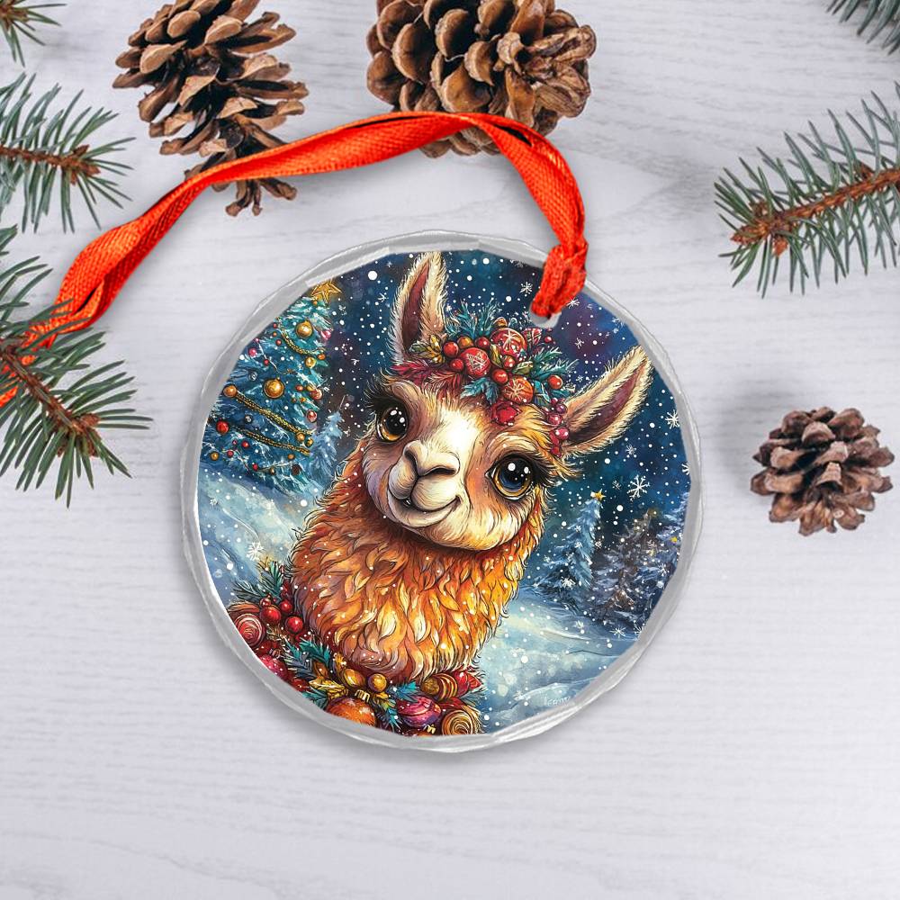 Beautiful Llama Christmas Night Design 3 Glass Ornament