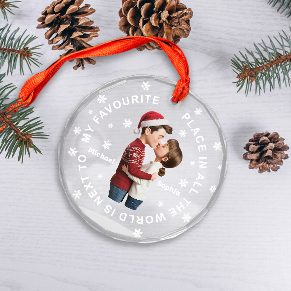 Christmas Couple Sideview You Are My Favorite By Far - Personalized Circle Glass Ornament