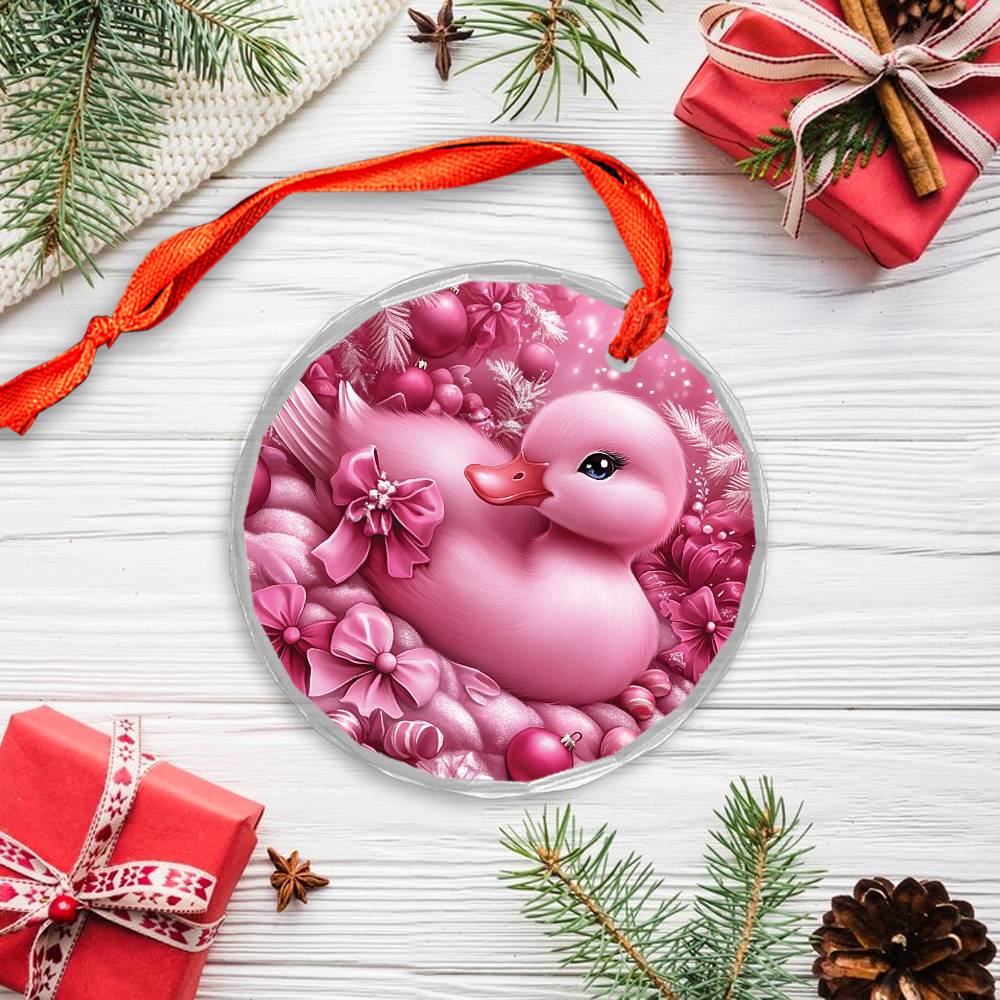 Duck Pink Christmas Design 2 Glass Ornament