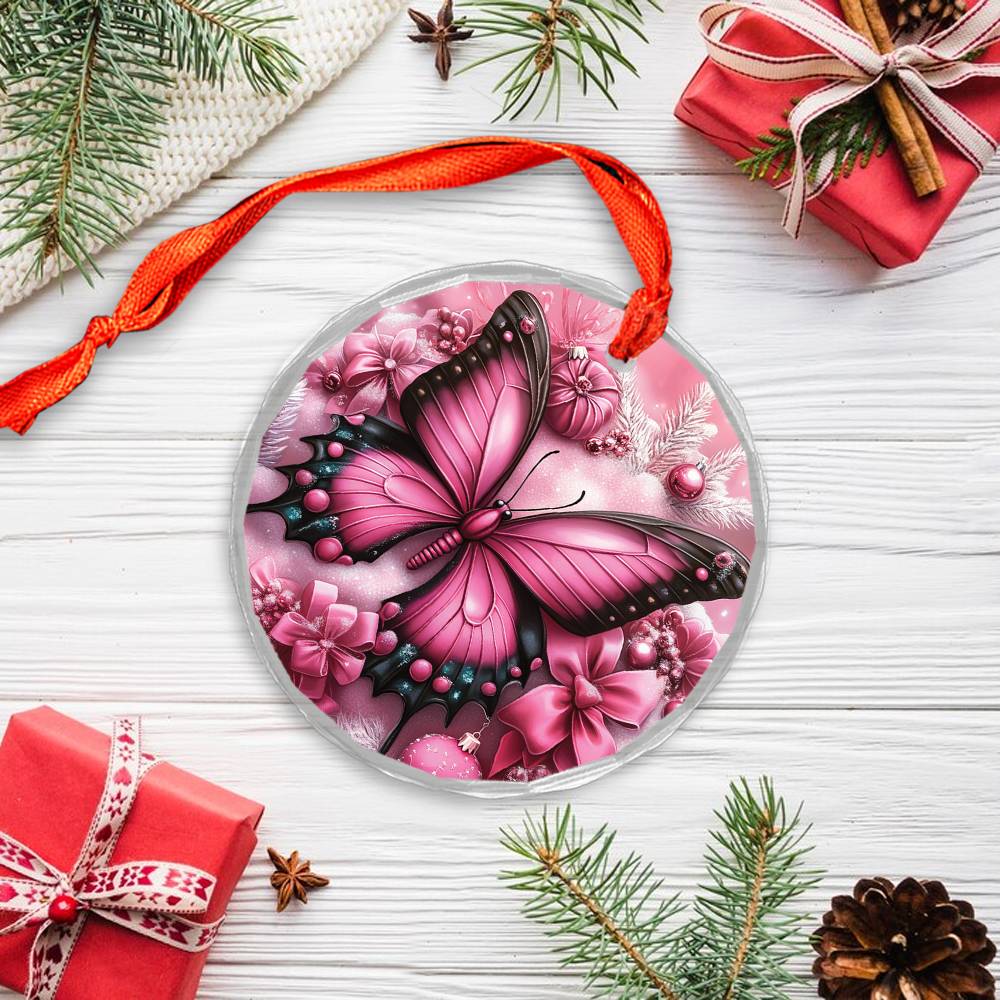 Butterfly Pink Christmas Design 3 Glass Ornament