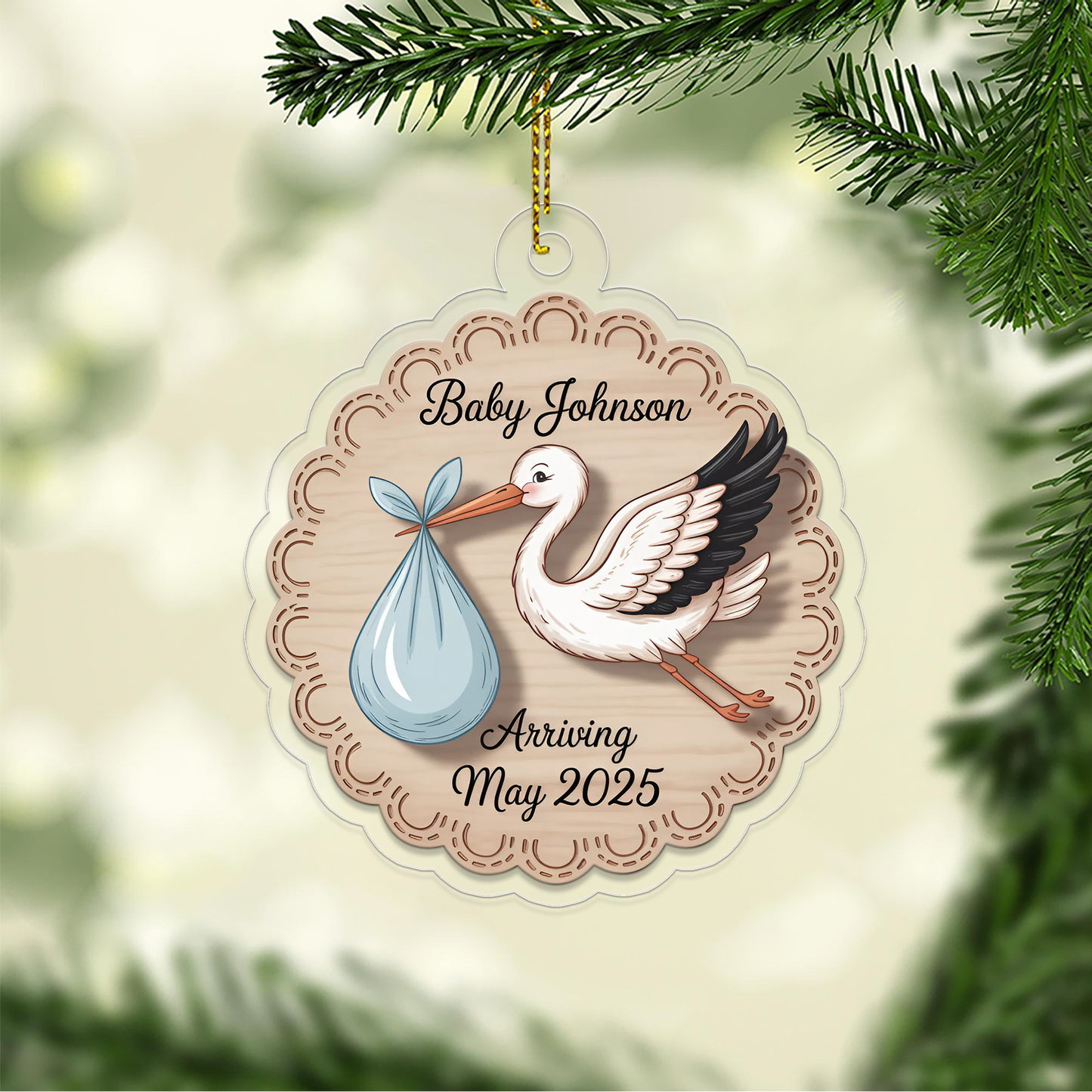 Personalized Stork Baby Announcement Ornament, Christmas Decor, Baby Coming Next Year Ornament, New Baby Arriving 2025