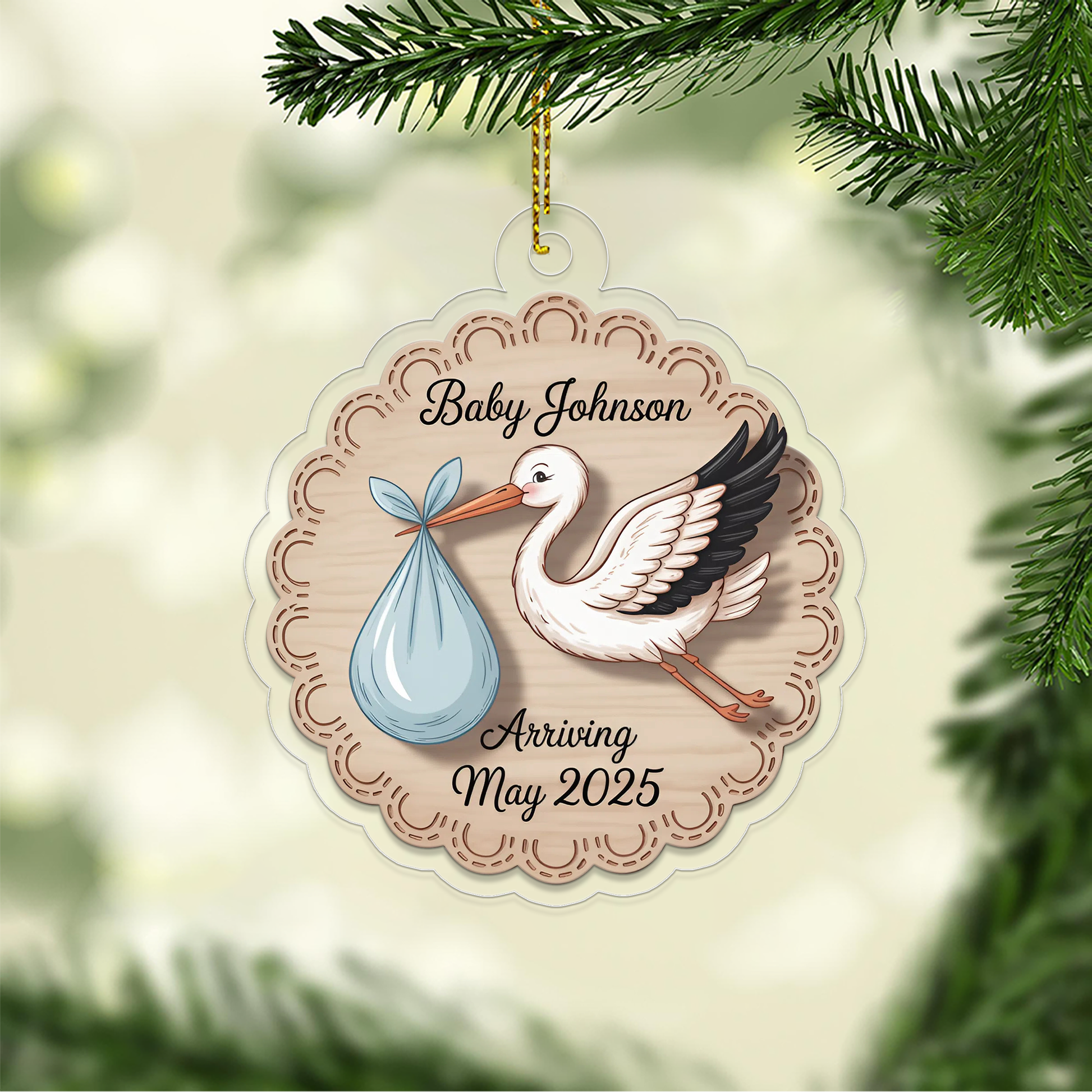 Personalized Stork Baby Announcement Ornament, Christmas Decor, Baby Coming Next Year Ornament, New Baby Arriving 2025