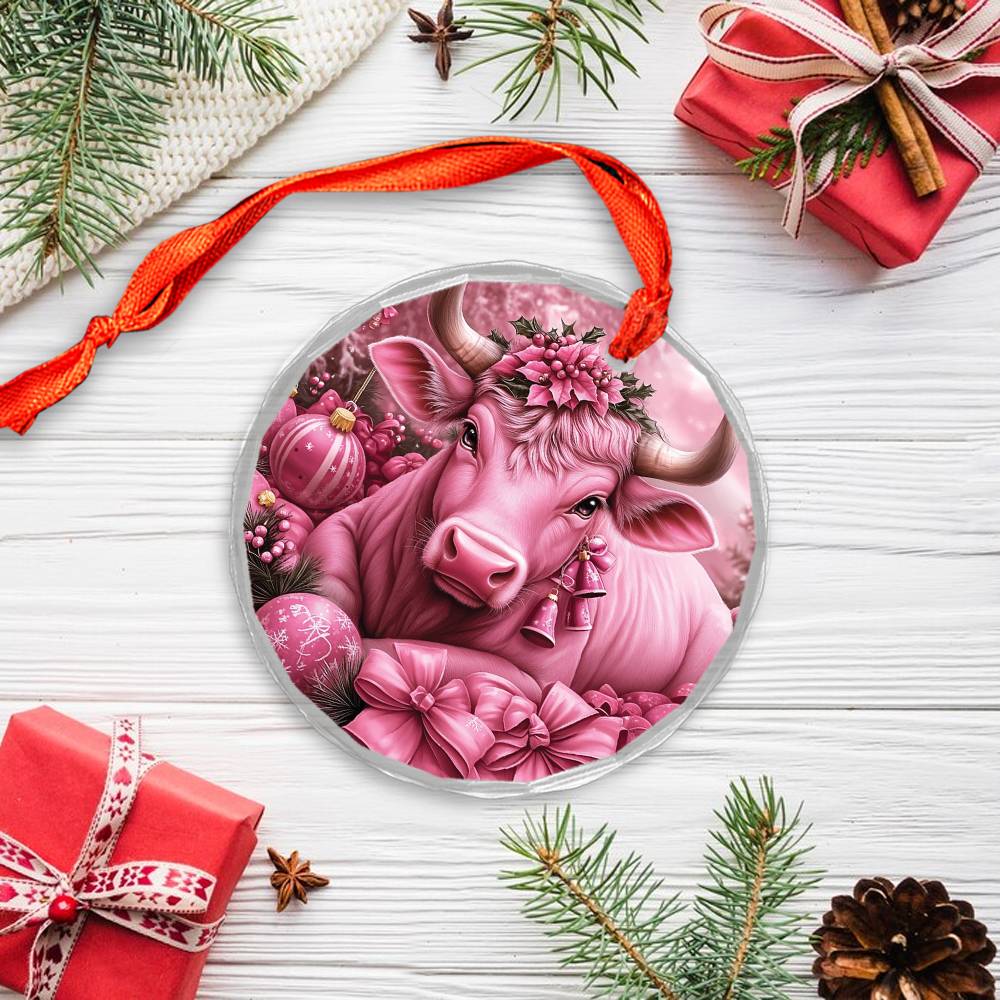 Bull Pink Christmas Design 1 Glass Ornament