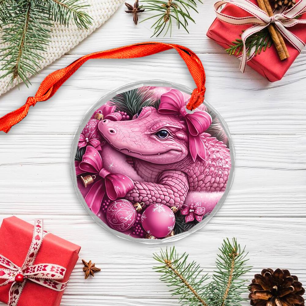 Alligator Pink Christmas Design 1 Glass Ornament