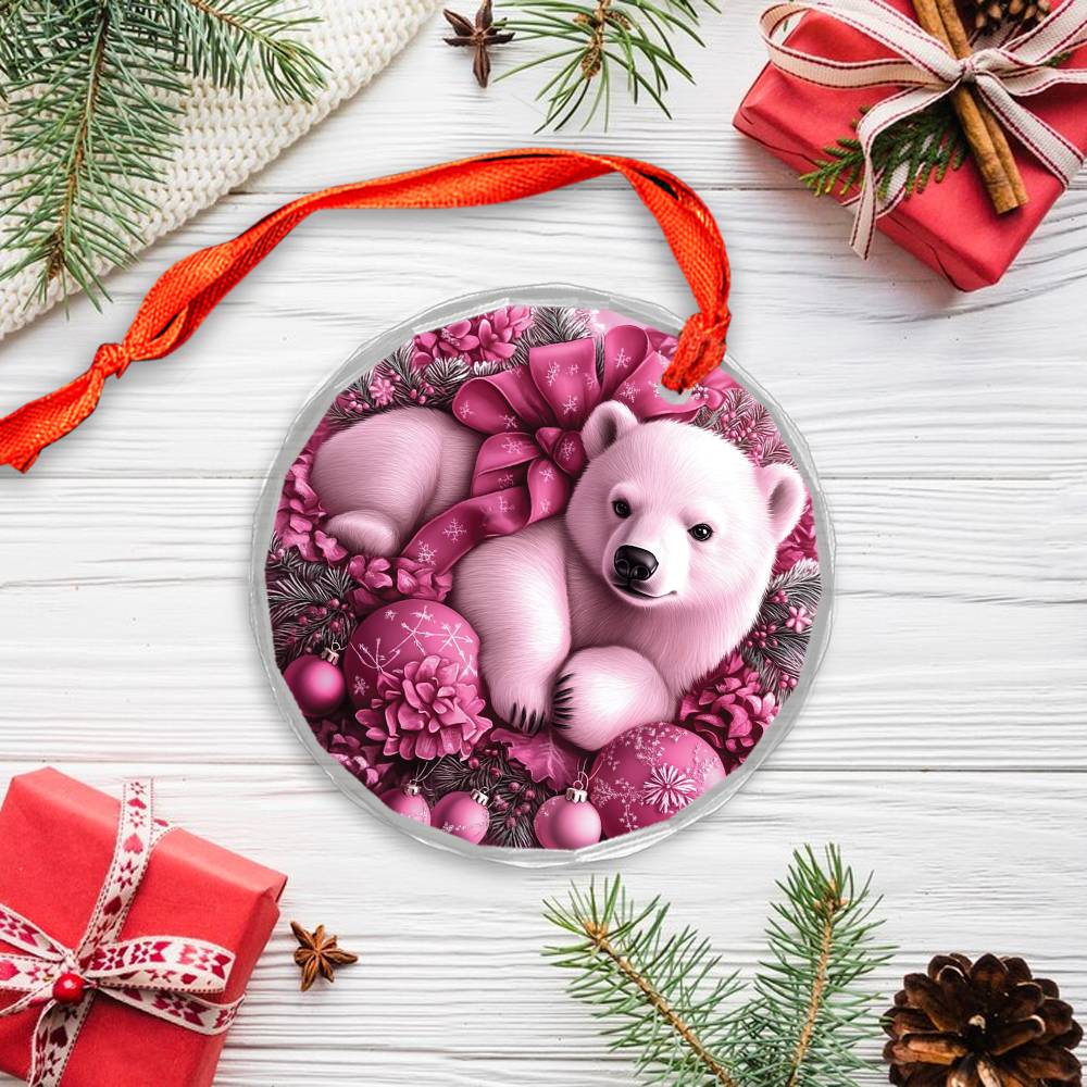 Pola Bear Pink Christmas Design 4 Glass Ornament