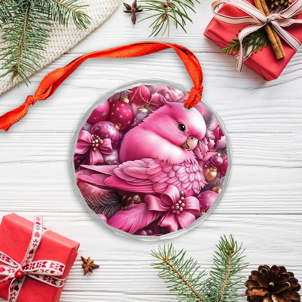 Parrot Pink Christmas Design 2 Glass Ornament