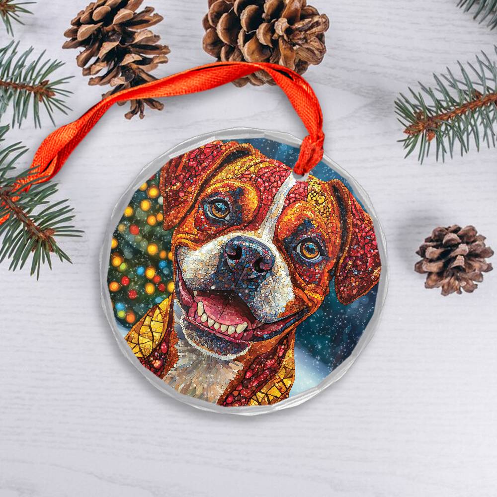 Beautiful Angus Boxer Dog Christmas Night Design 1 Glass Ornament
