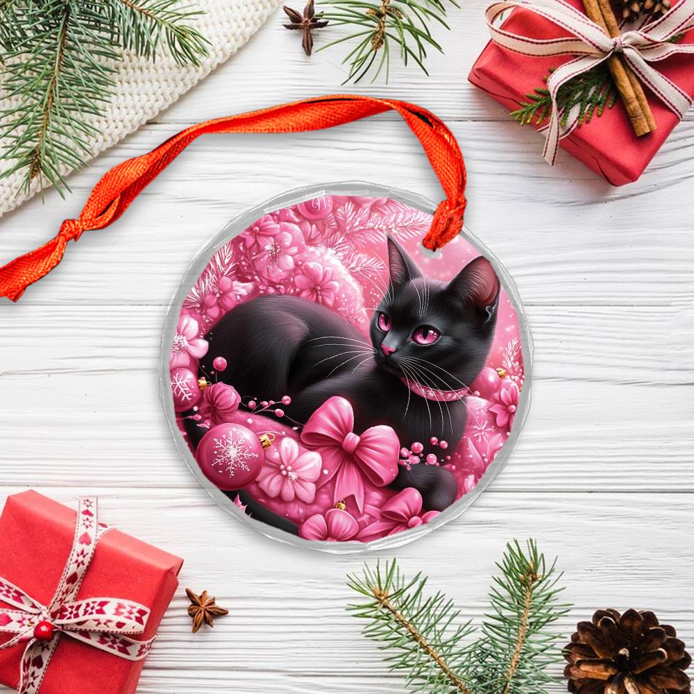 Bombay Cat Pink Christmas Design 1 Glass Ornament