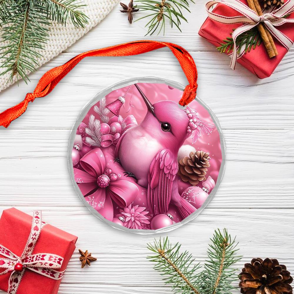 Hummingbird Pink Christmas Design 2 Glass Ornament