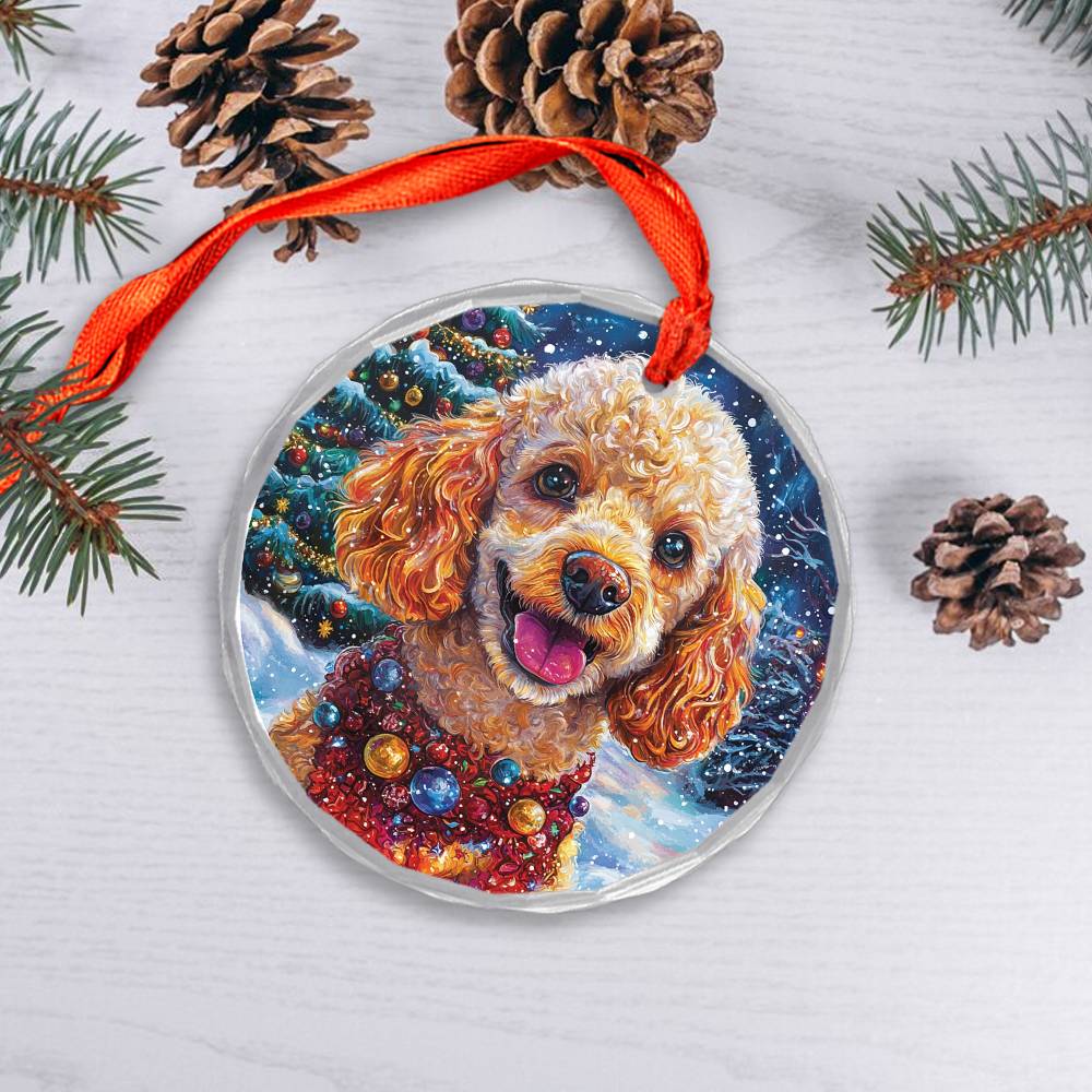 Beautiful Angus Poodle Dog Christmas Night Design 3 Glass Ornament