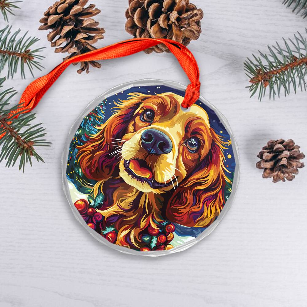 Beautiful Cocker Spaniel Dog Christmas Night Design 1 Glass Ornament