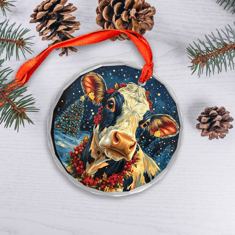 Beautiful Dairy Cow Christmas Night Design 2 Glass Ornament
