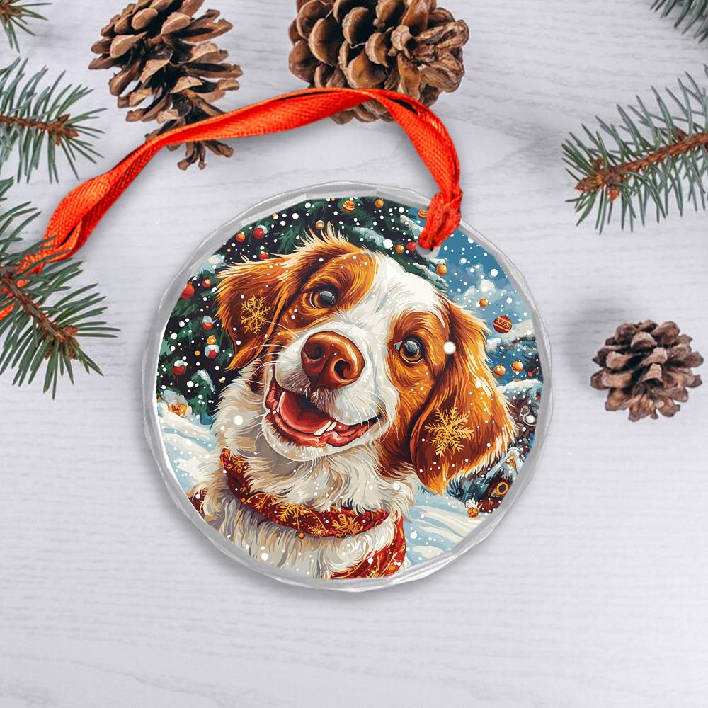 Beautiful Brittany Dog Christmas Night Design 1 Glass Ornament
