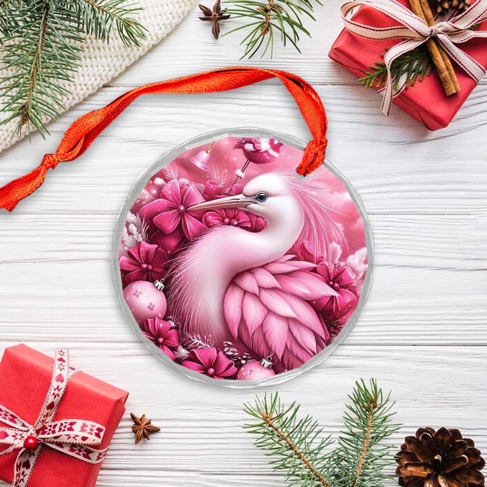 Heron Pink Christmas Design 1 Glass Ornament