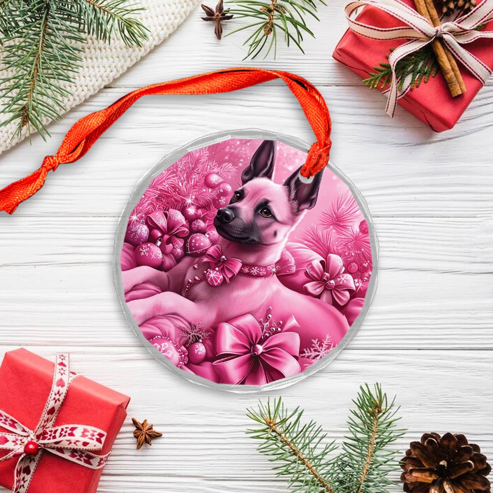 Belgian Malinoi Dog Pink Christmas Design 1 Glass Ornament