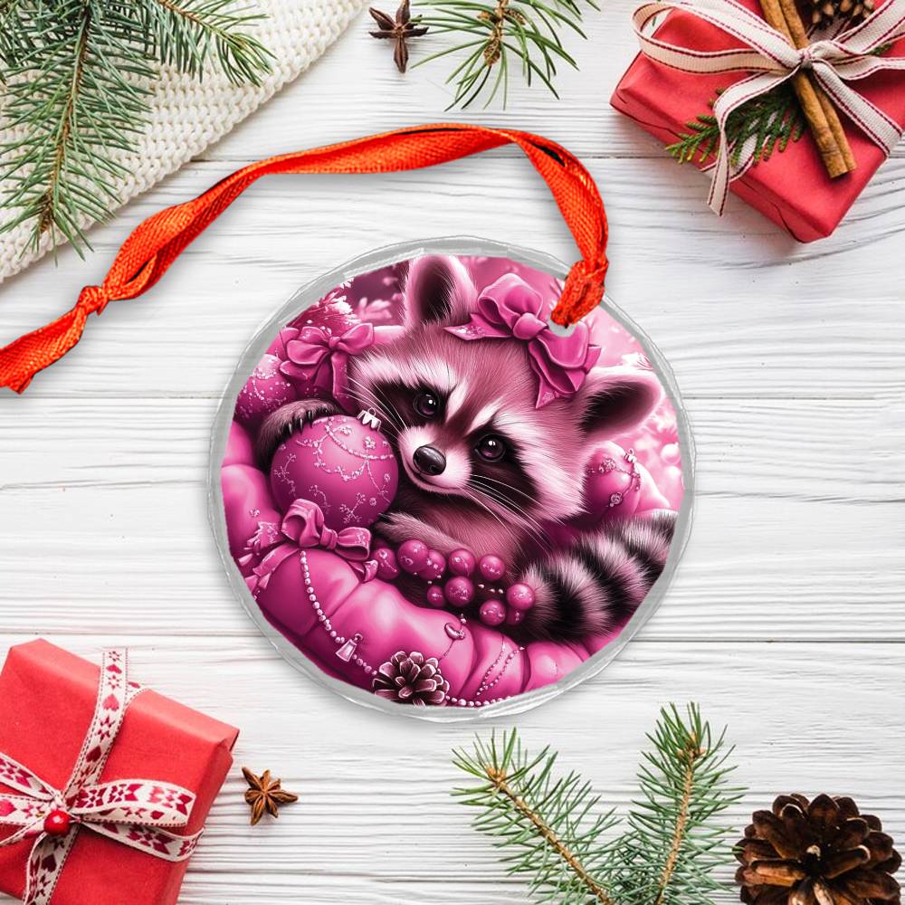 Racoon Pink Christmas Design 2 Glass Ornament