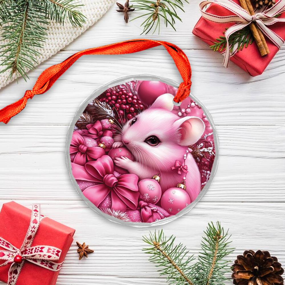 Hamster Pink Christmas Design 4 Glass Ornament