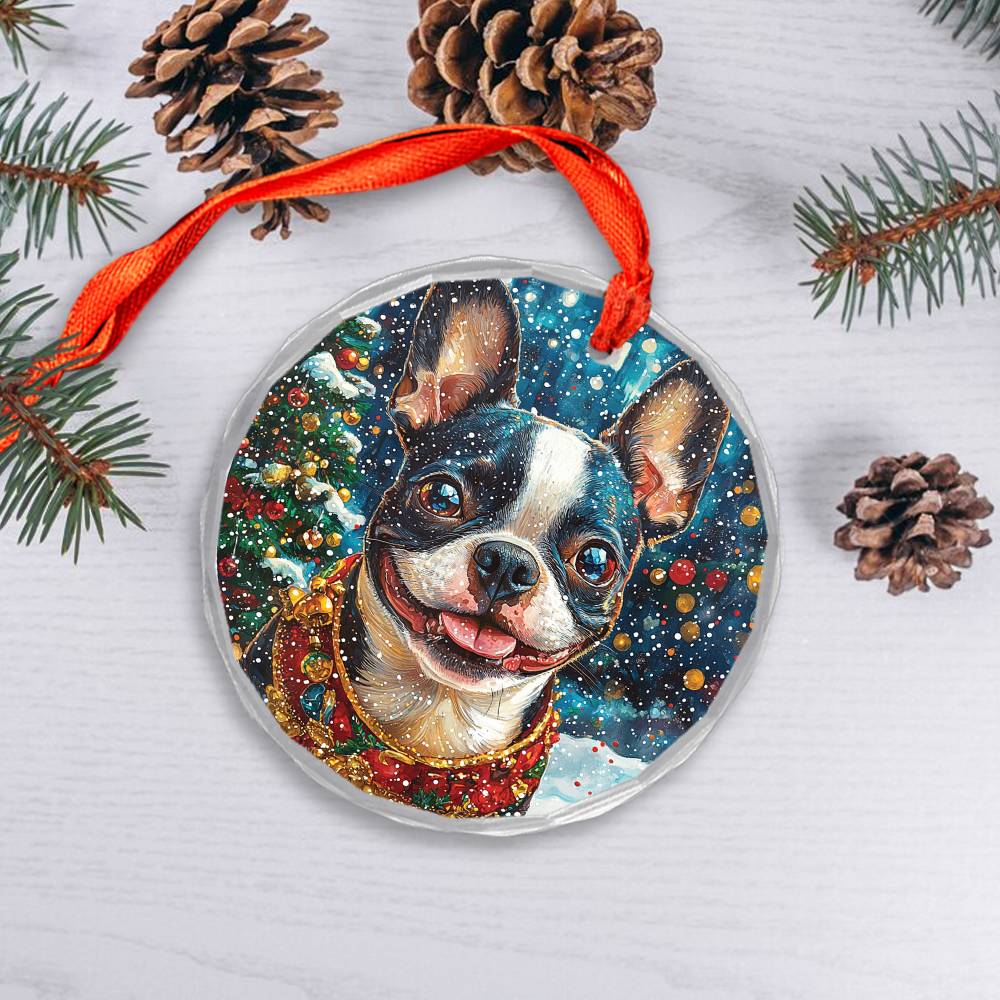 Beautiful Boston Terrier Dog Christmas Night Design 2 Glass Ornament