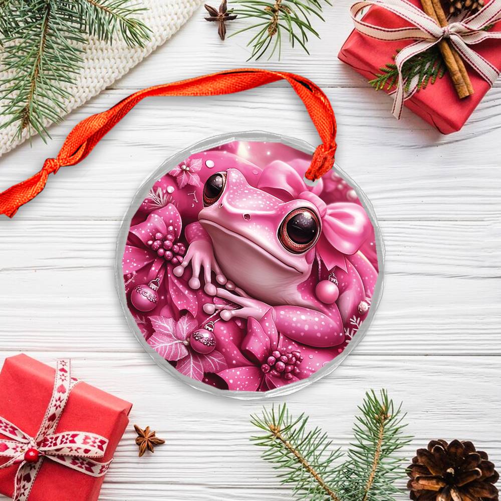 Frog Pink Christmas Design 2 Glass Ornament