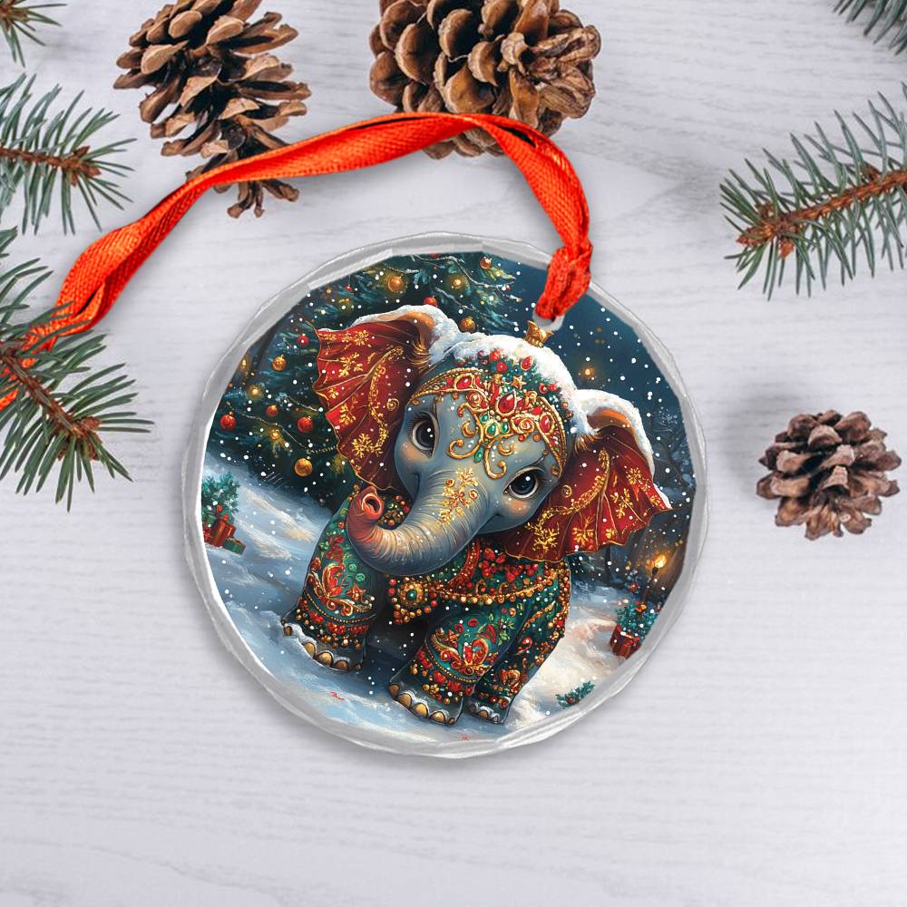 Beautiful Elephant Christmas Night Design 4 Glass Ornament