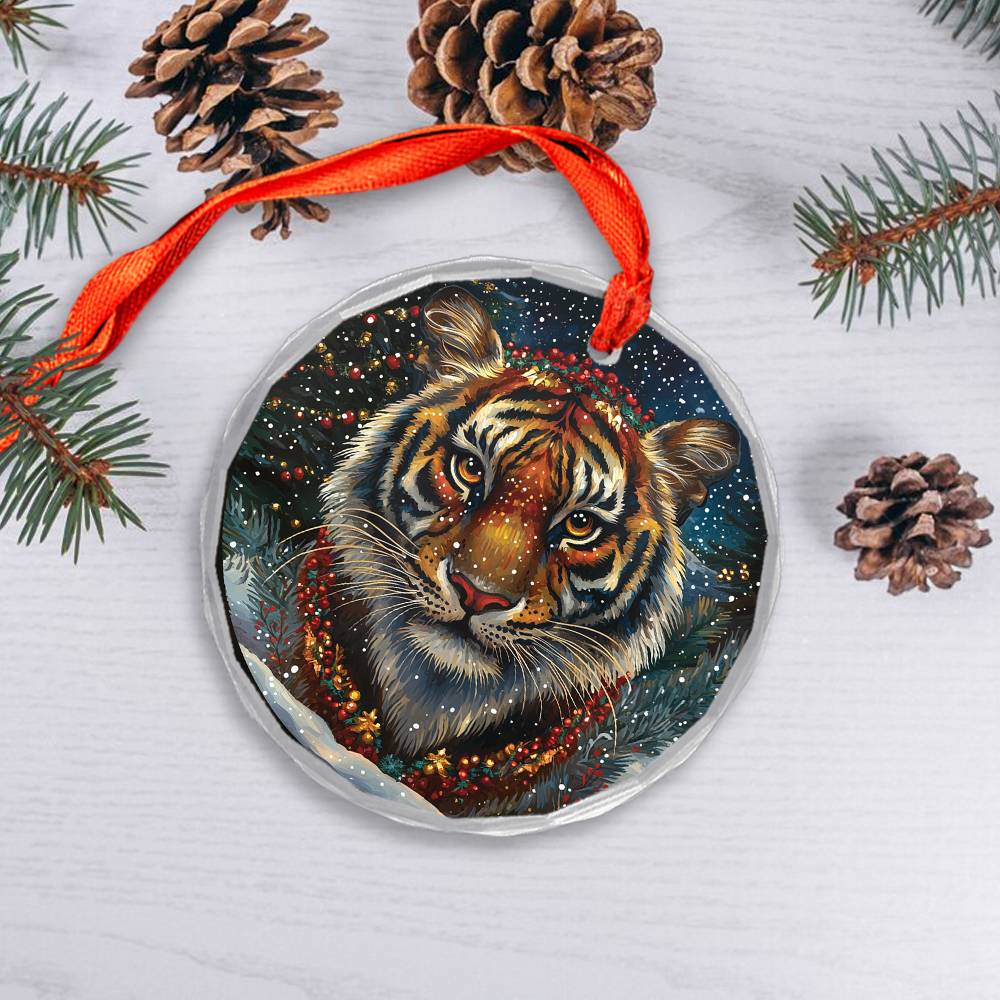 Beautiful Tiger Christmas Night Design 3 Glass Ornament