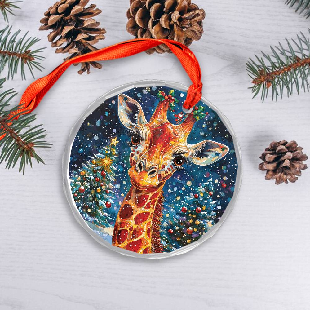 Beautiful Giraffe Christmas Night Design 1 Glass Ornament