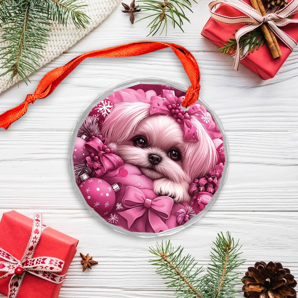 Shih Tzu Dog Pink Christmas Design 2 Glass Ornament