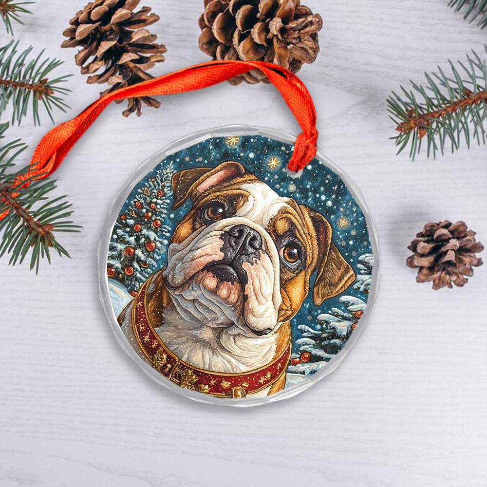 Beautiful Angus Bulldog Dog Christmas Night Design 3 Glass Ornament