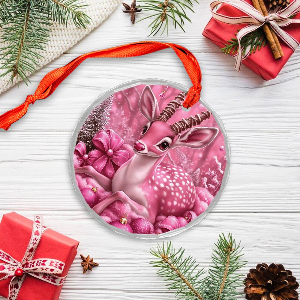 Antelope Pink Christmas Design 2 Glass Ornament