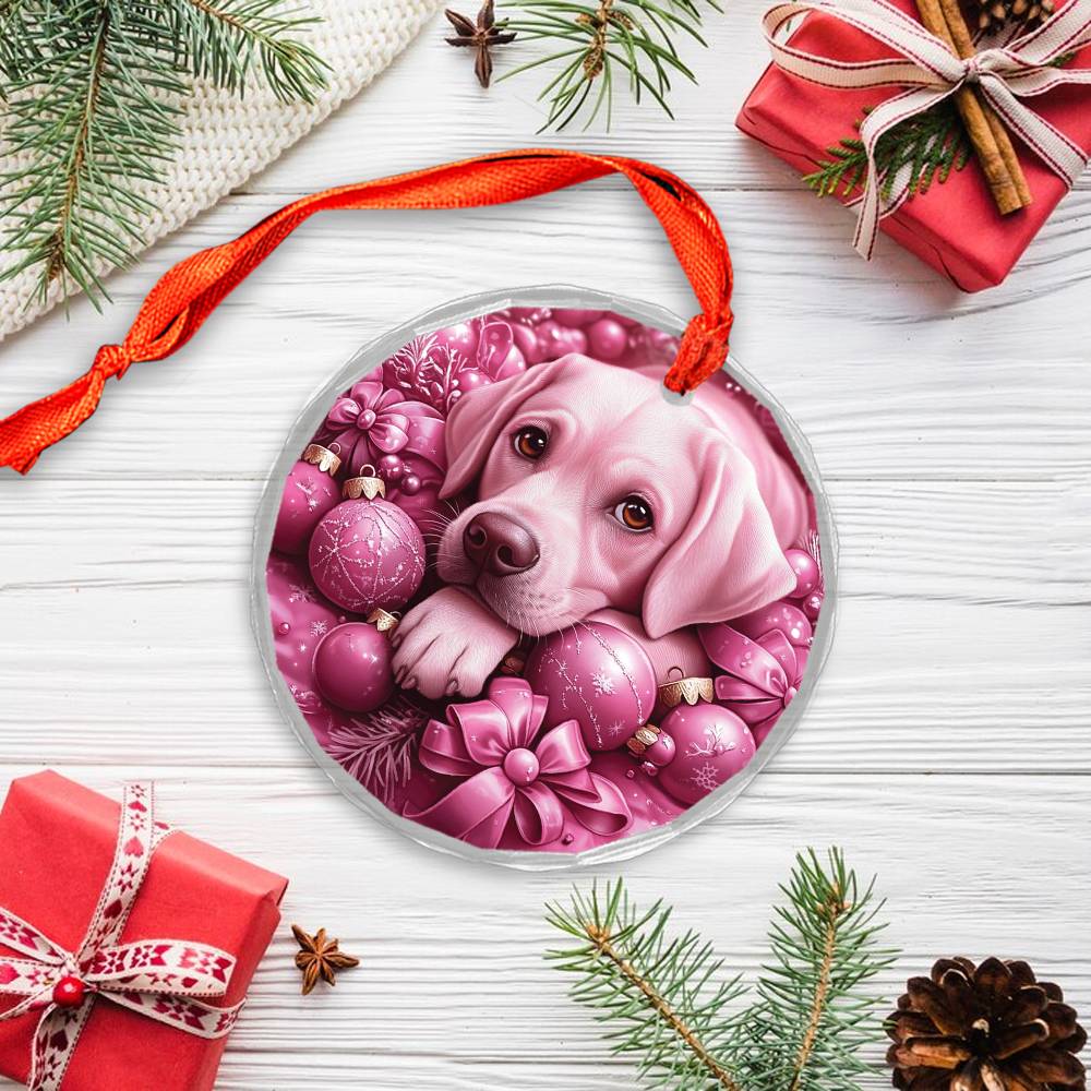 Labrador Retriever Dog Pink Christmas Design 1 Glass Ornament