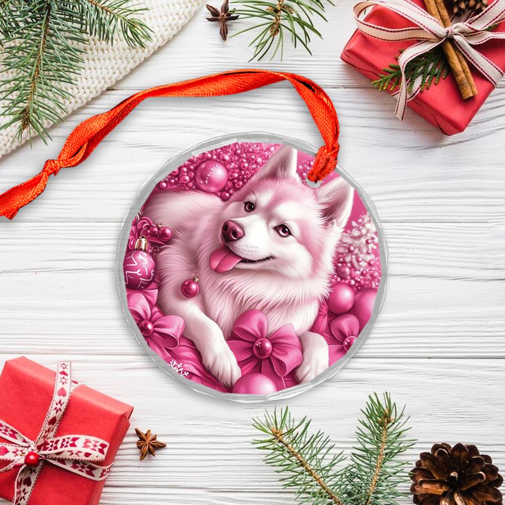 Siberian Huskie Dog Pink Christmas Design 3 Glass Ornament