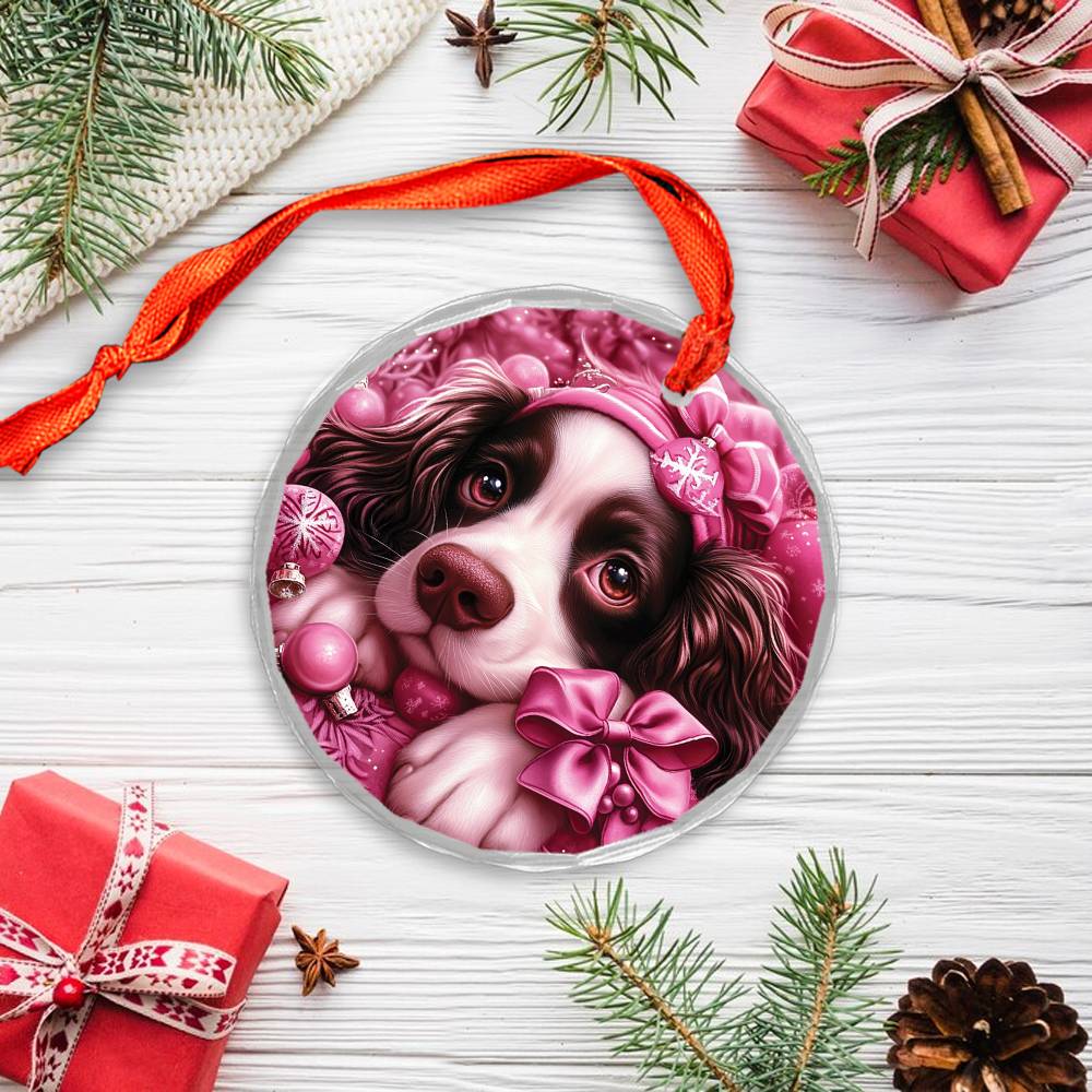English Springer Spaniel Dog Pink Christmas Design 1 Glass Ornament