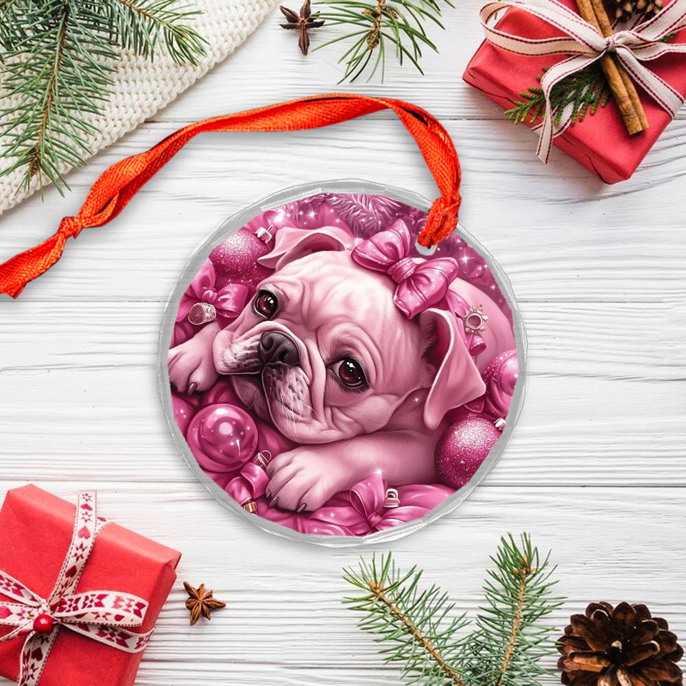 Bulldog Pink Christmas Design 1 Glass Ornament