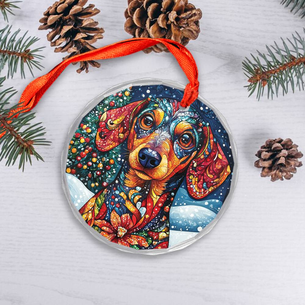 Beautiful Angus Dachshund Dog Christmas Night Design 1 Glass Ornament