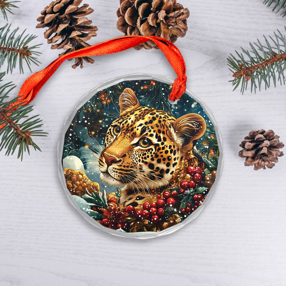 Beautiful Leopard Christmas Night Design 2 Glass Ornament