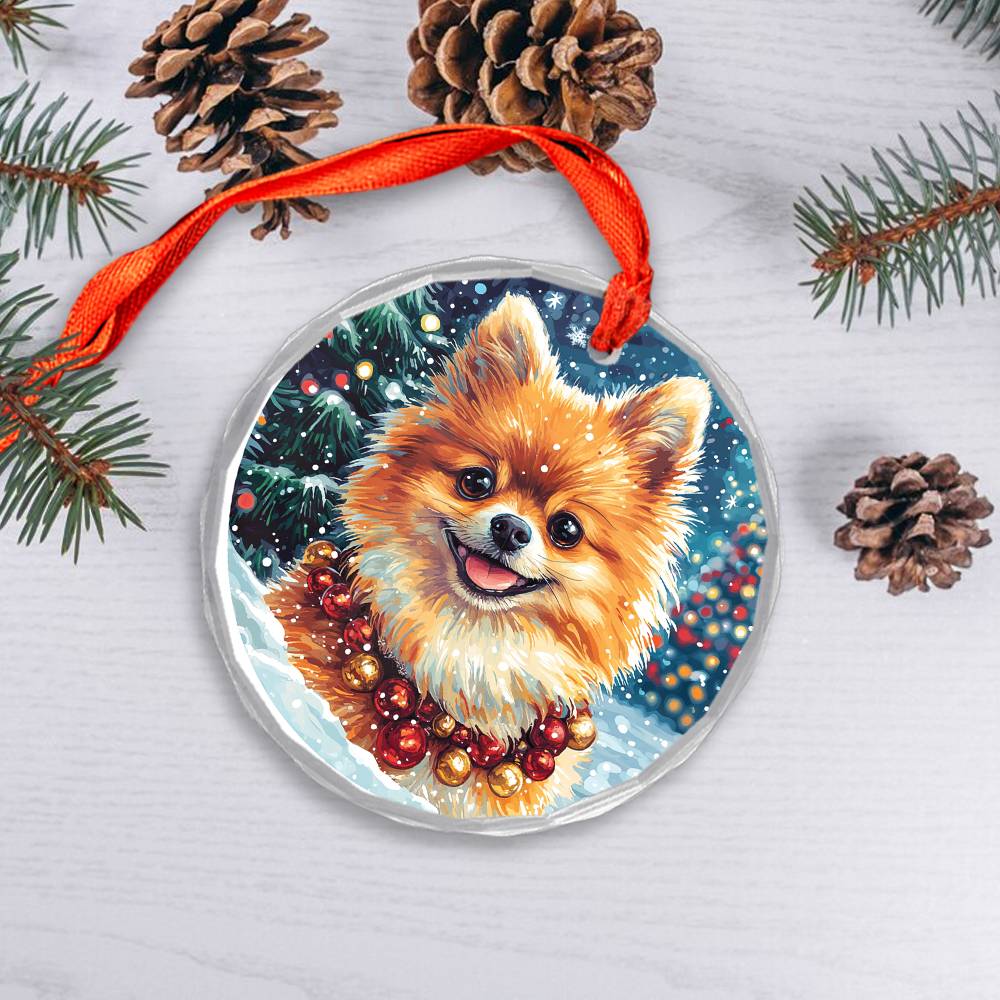 Beautiful Angus Pomeranian Dog Christmas Night Design 3 Glass Ornament