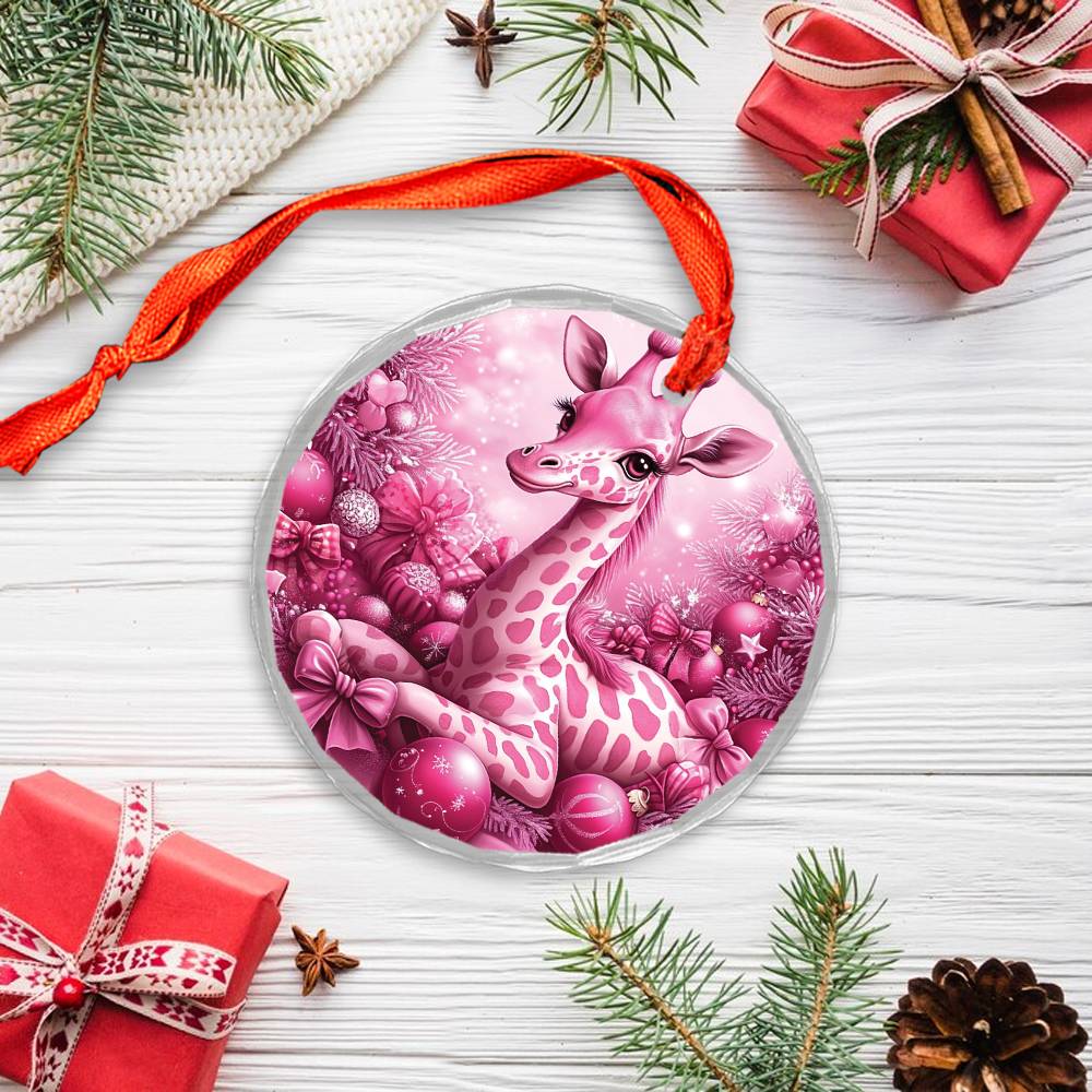 Giraffe Pink Christmas Design 3 Glass Ornament
